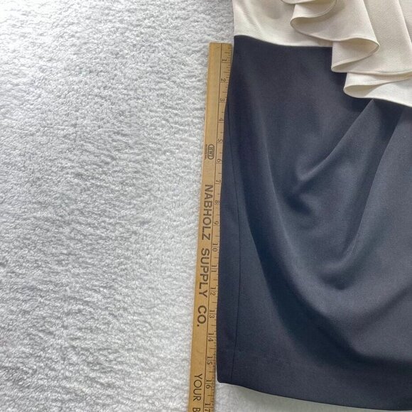 Belle Badgley Mischka One Shoulder Dress Size 4 White Black Color Block Ruffle - Picture 10 of 10